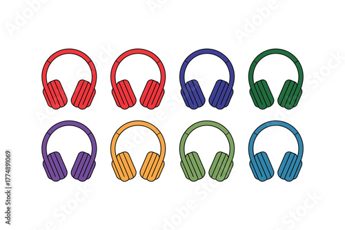 Eight colorful headphones arranged in two rows on a white background illustration