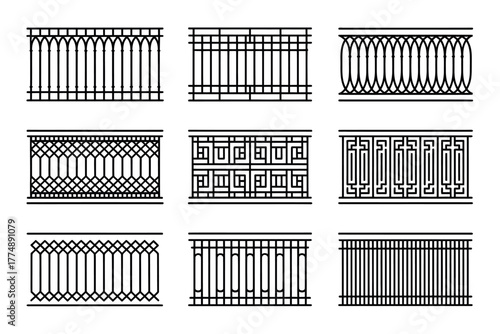 Illustration of nine different wrought iron fence designs in black and white