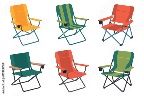 A collection of six colorful folding camping chairs on a white background view