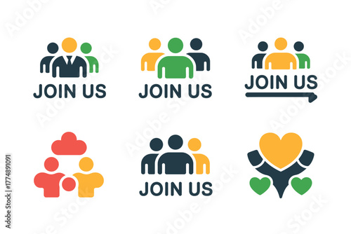 A collection of six different join us icons with people and heart symbols shown