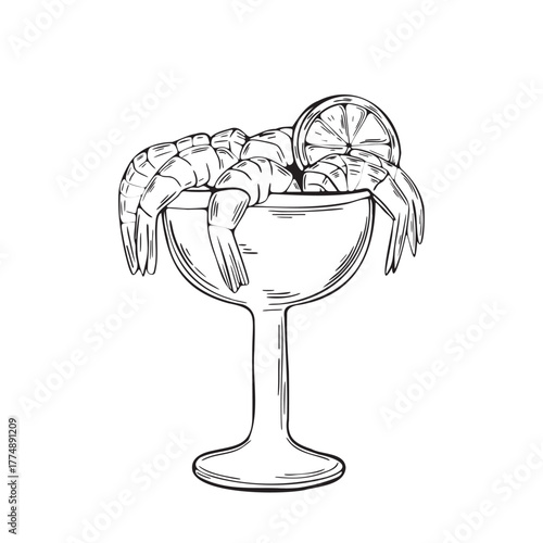 Shrimp cocktail with outline vector. Perfect for restaurant menus, food packaging, culinary blogs, posters, and elegant seafood branding.