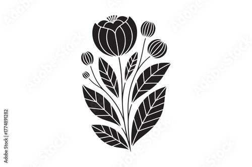 Stylized black and white floral illustration with tulip and buds