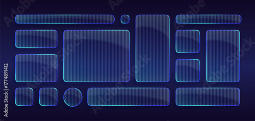 Abstract ribbed liquid glass interface set. Smooth glossy frames, fluid neon panels and prism light effects for futuristic tech banners or app layouts