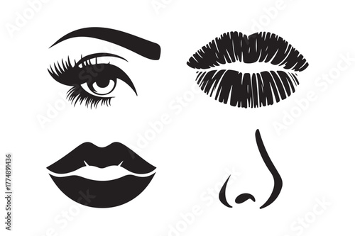 Stylized black and white icons of makeup and facial features