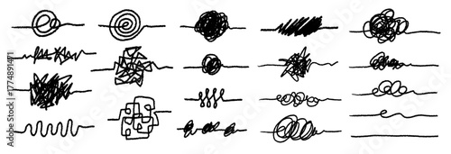 Chaotic tangled line scribbles and abstract doodle shapes. Vector set of messy thread knots, scrawls, and confusion symbols for brainstorming or problem-solving concepts