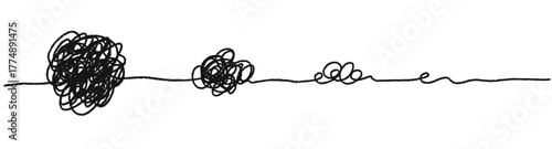 Problem solution concept. Messy tangled scribble simplifying process. Crayon textured continuous one line from complicated chaos to easy simple. Vector illustration