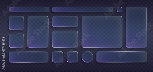 Realistic liquid glass ui panels, buttons, banners and menu. Neon glassmorphism interface elements with matte effect and shade. Design for smartphone screen web app. Vector isolated glass set