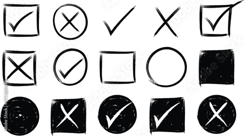 Hand Drawn Brush Check Marks and X Symbols — Grunge Ink Vector Doodle Set of Circles and Squares Isolated on tranceparent Background