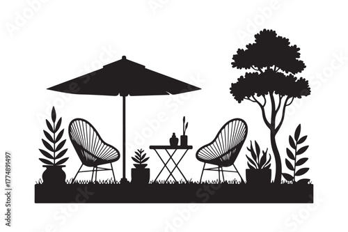 Silhouette of a charming outdoor seating area with umbrella and plants