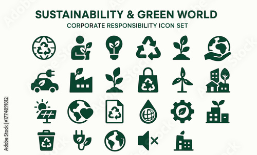 Sustainability and Green World Icons – Eco Energy, Recycling, Renewable Resources and Environment