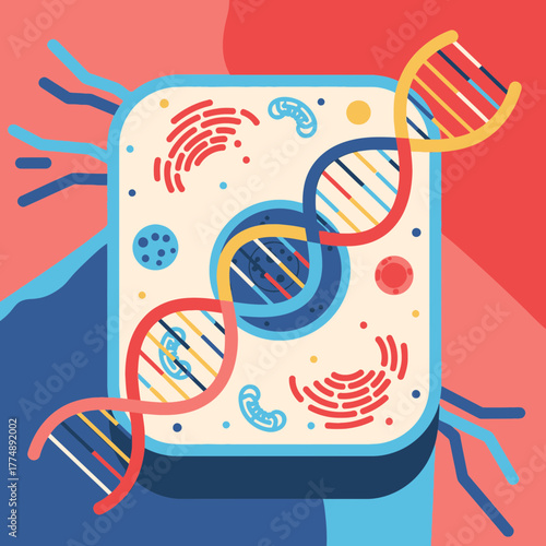 Cell illustration with DNA strands and organelles, abstract scientific concept.