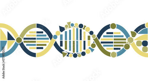 Stylized dna strand with geometric shapes and bars.