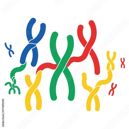 Colorful chromosomes and DNA strands in abstract arrangement.