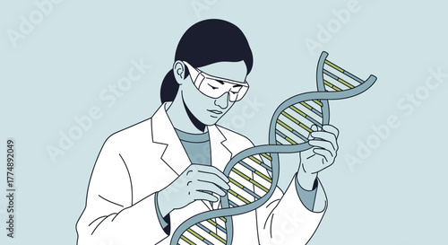 Scientist examines a DNA helix model with protective eyewear.