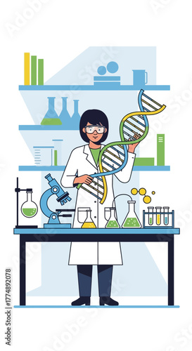 Scientist holds dna model in laboratory with equipment.