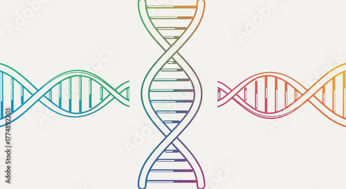 Three colorful DNA strands are depicted in a stylized manner.