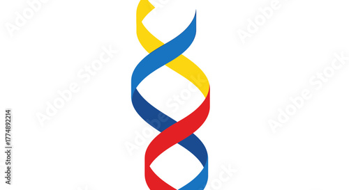 Abstract representation of a DNA helix with red blue and yellow ribbons.