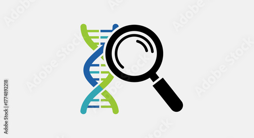 Magnifying glass over a colorful dna strand.