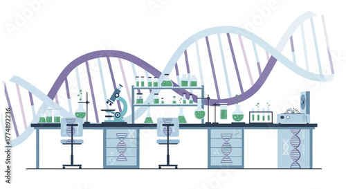Laboratory with scientific equipment and dna strands.