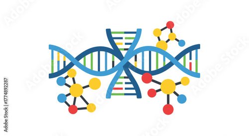 DNA strands and molecular structures with colorful circles and lines.