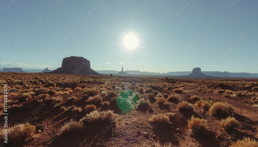 Obraz premium Expansive desert vista under a brilliant sun, highlighting majestic natural rock formations and resilient arid vegetation in a breathtaking, untouched wilderness