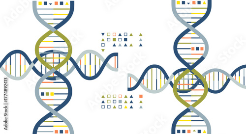 Abstract DNA strands with geometric shapes representing genetic code.