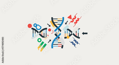DNA strands are analyzed and modified with various scientific elements.