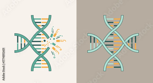DNA helix with abstract elements representing change or mutation.