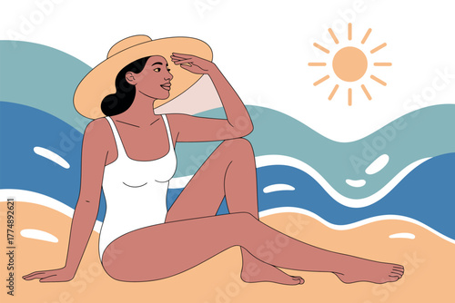 Serene woman in swimsuit and sun hat relaxing by the ocean on a bright sunny day.