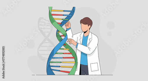 Scientist examines a colorful DNA helix structure with hands.