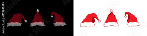 Set of Santa Claus Hats Hand-Drawn Fuzzy Icons on Black and White Backgrounds