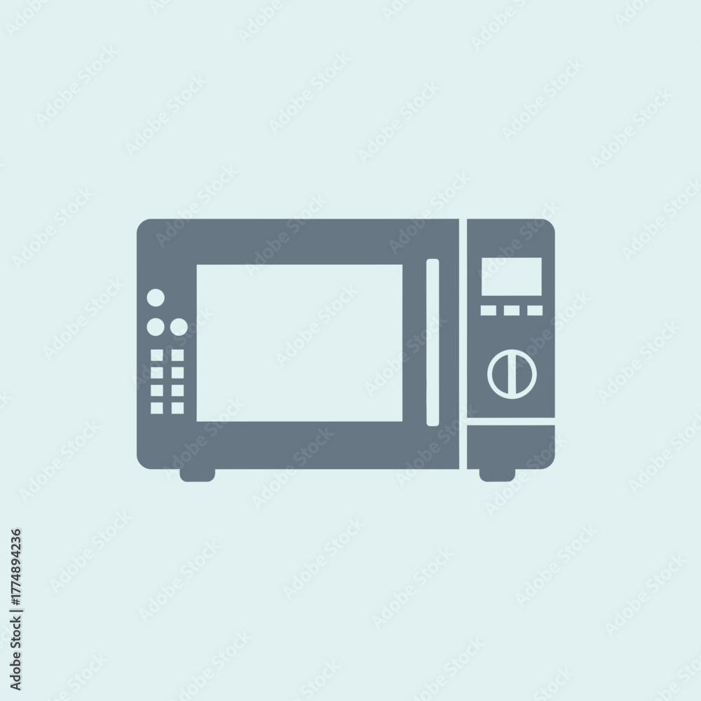 Fototapeta premium A grey microwave oven icon on a light blue background.