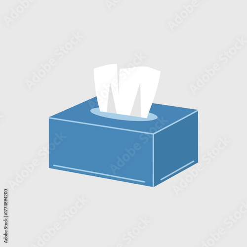 Blue tissue box with white tissues on a gray background.