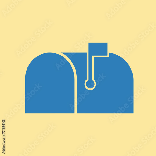 Blue mailbox with flag on yellow background.