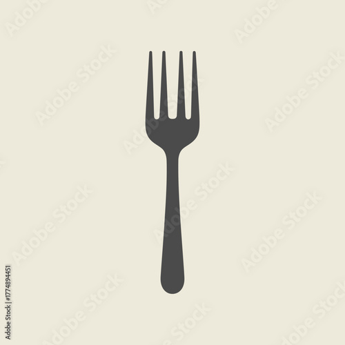 A dark gray fork is centered on a light beige background.
