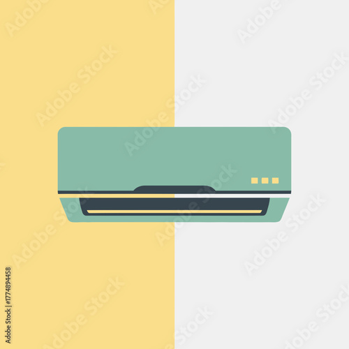 Mint green air conditioner unit on a split yellow and white background.