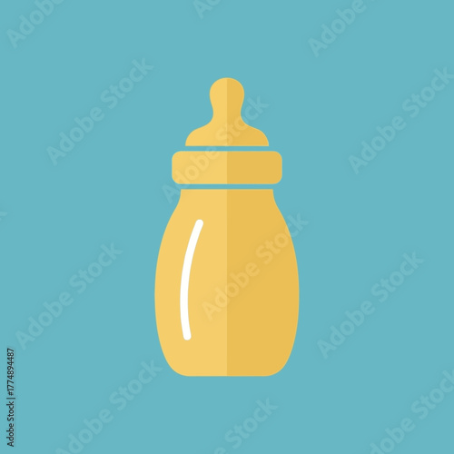 Yellow baby bottle with nipple on blue background.