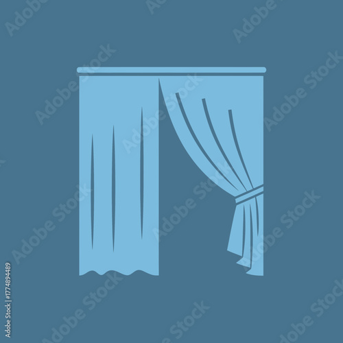 Blue curtain hanging from a rod with a tie-back.