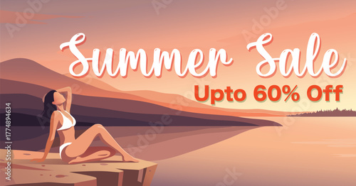 Summer Sale Banner with Woman in White Bikini Relaxing on Rock beside Sunset Sea — Special Offer Up to 60% Off, Tropical Vacation and Travel Promotion Poster Design