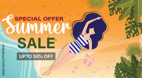 Vibrant Summer Sale Promotion Banner Featuring a Relaxing Woman on the Beach with Discount Offer