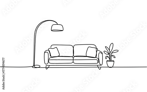 Minimalist line art depicting a modern sofa, floor lamp, and potted plant, creating a serene living space.
