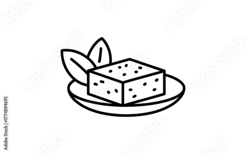 Simple line drawing of a tofu cube with leaves on a plate