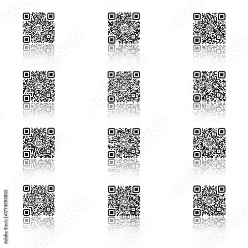 Twelve qr codes arranged in a grid pattern with reflections on a white background in a digital image created with generated ai