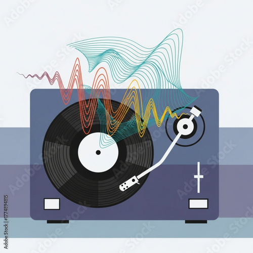 Illustration of a record player with a vinyl record and sound waves emanating from the turntable area created with generated ai