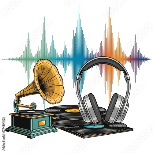 A vintage gramophone with vinyl records and modern headphones against a sound wave background art created with generated ai