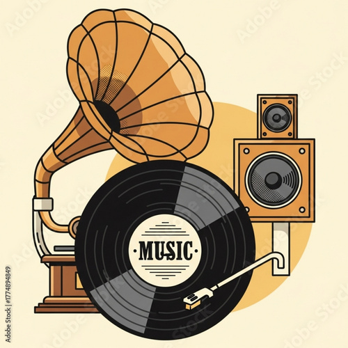 Illustration of a vintage gramophone with a vinyl record and speakers on a light background scene created with generated ai