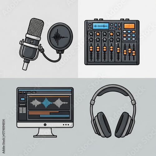 Illustration showing studio equipment including microphone mixer headphones and computer screen view of audio waves created with generated ai
