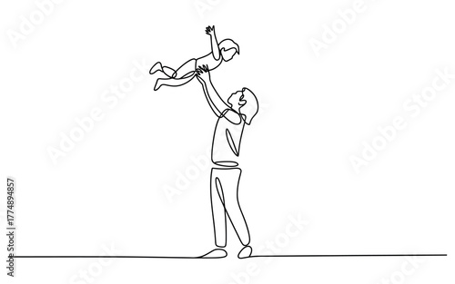 Joyful parent tossing happy child in the air against a white background