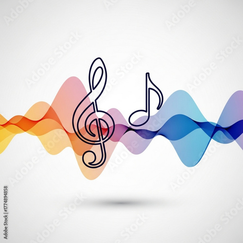 A musical composition with a treble clef and a note over a colorful wave background illustration created with generated ai
