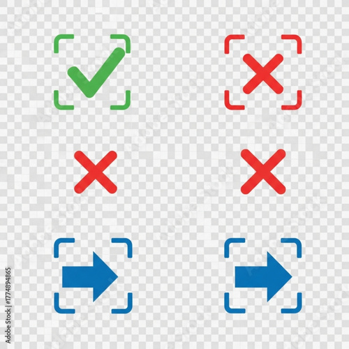 Collection of green check mark, red x marks, and blue right arrows in square corner brackets design created with generated ai